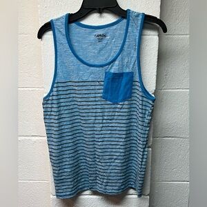 Men’s carbon blue striped pocket tank.